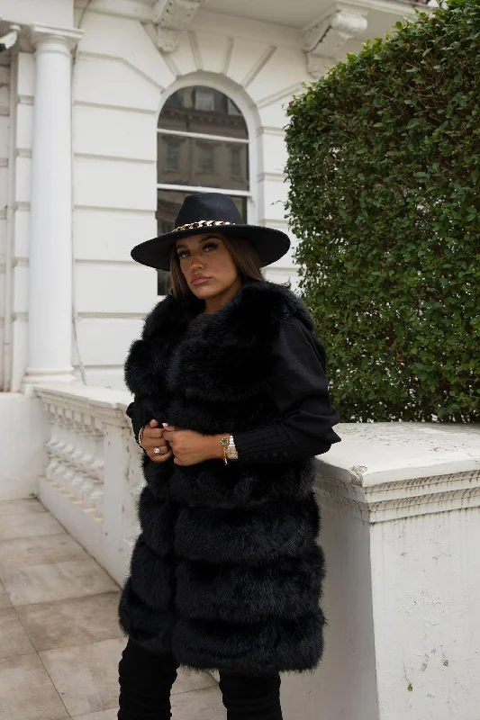 Relaxed And Casual Black Premium Faux Fur Longline Gilet