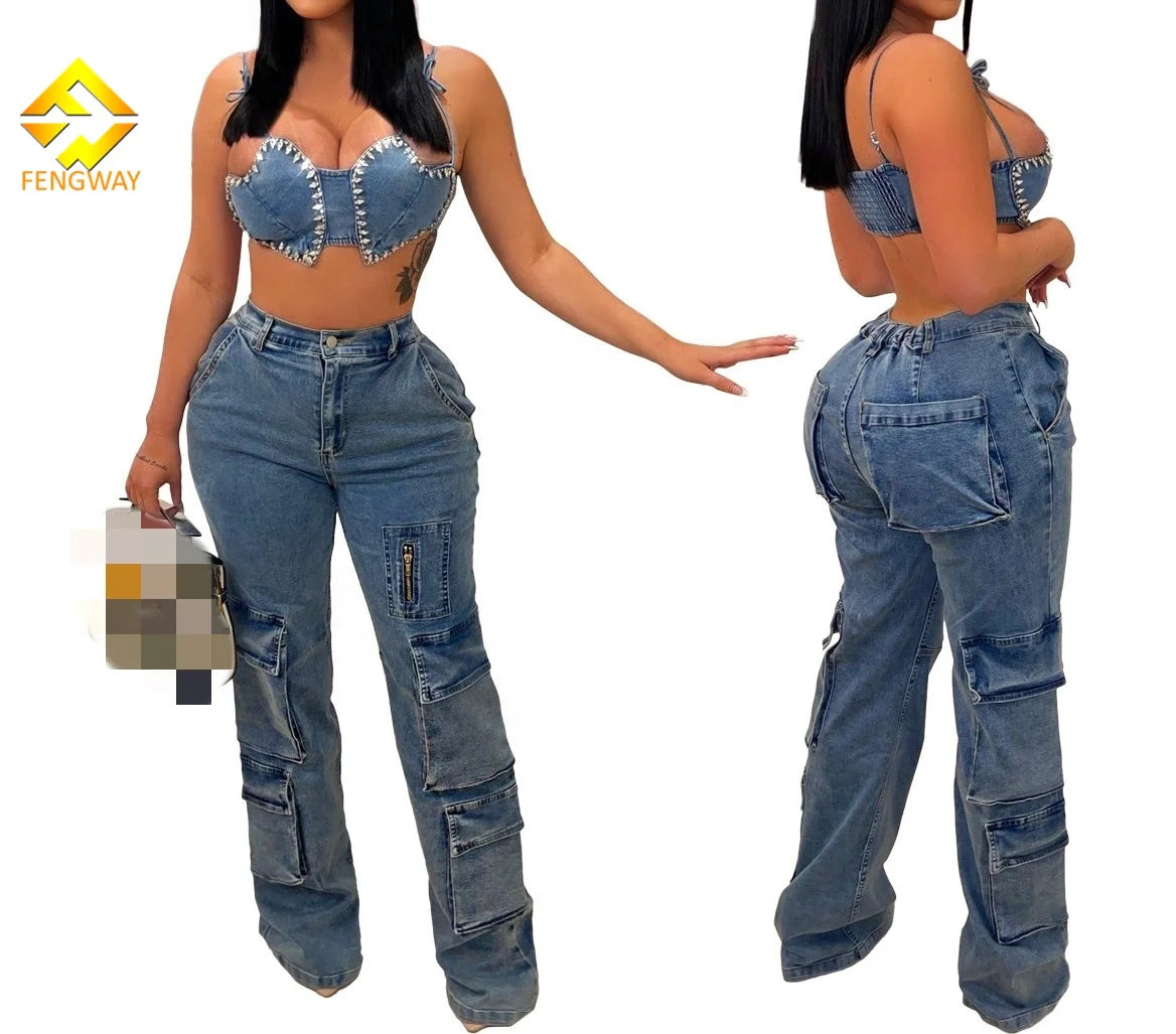 Comfortable Fashion Women's High Waist Multi Pocket Cargo Denim Jeans