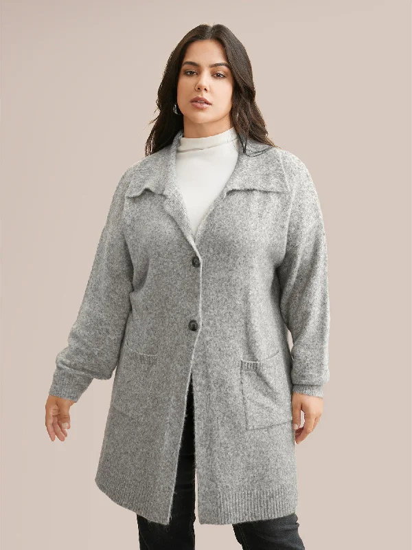 Mid-length Style Airy Cozy Lapel Collar Pocket Wool Cardigan