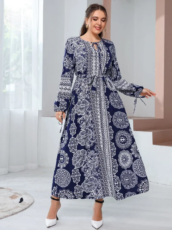 Diamond Series Boho Geometric Knot Long Sleeve Tie Neck Flared High Waist Maxi Plus Size Dress