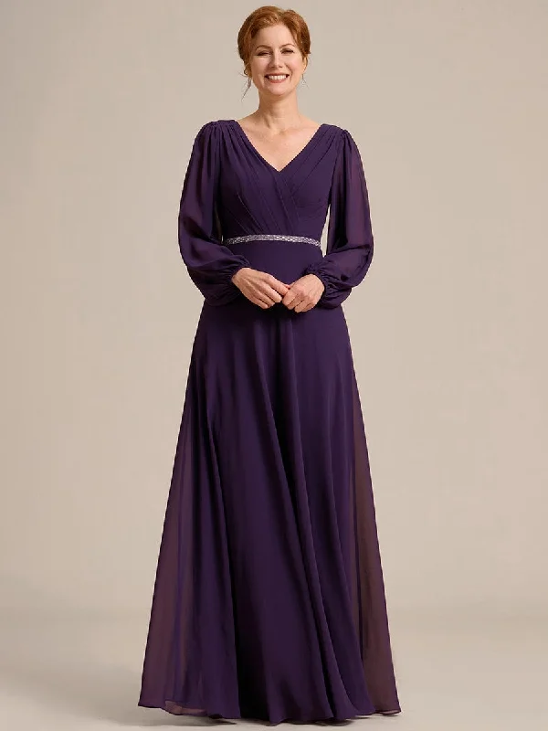 Multifunctional Style Clara | V-Neck Long Sleeves Shiny Belt Chiffon Mother of the Bride Dress