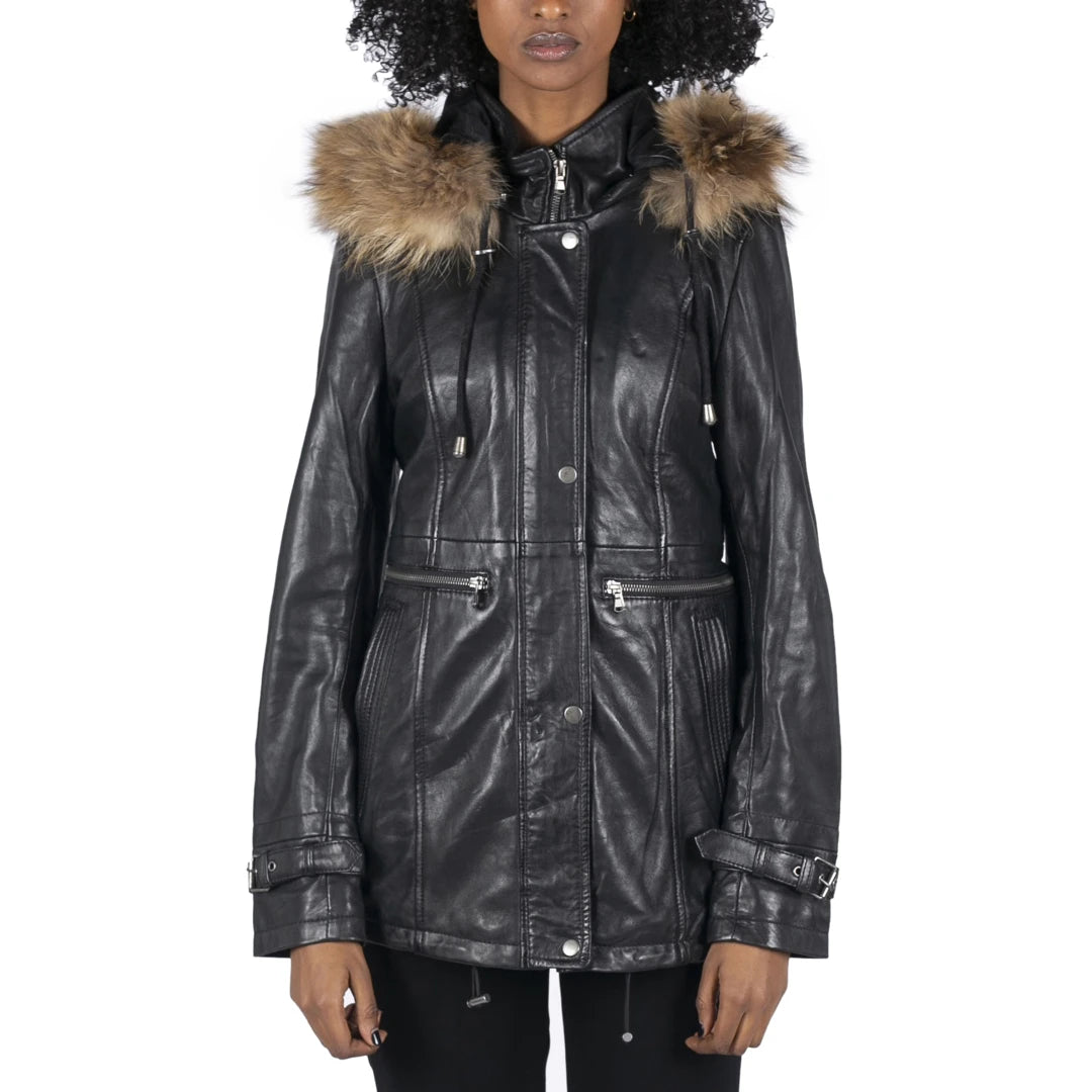 Celebrity Picks Women's Leather Parka Coat 3/4 Removable Hood Fur Button Cover Zipped