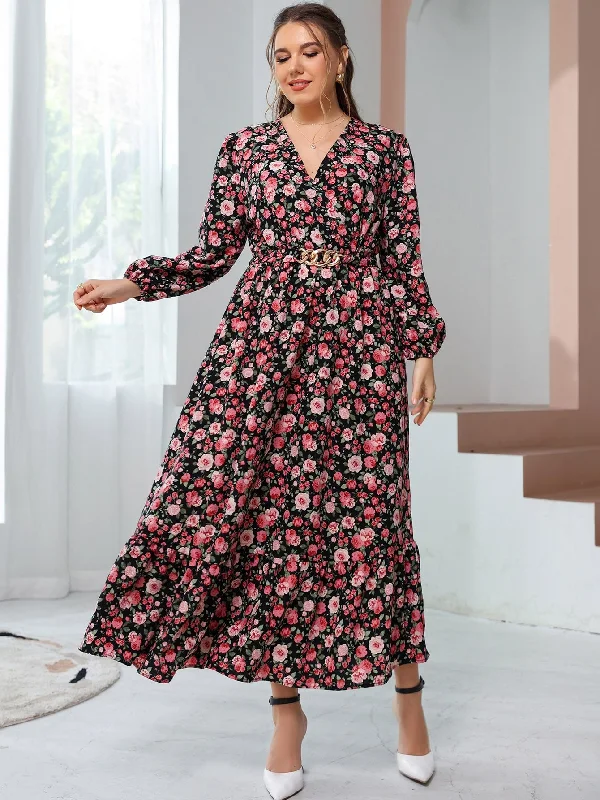 Feminine Charm Boho All Over Print Wrap Long Sleeve V Neck Flounce High Waist Maxi Plus Size Dress
