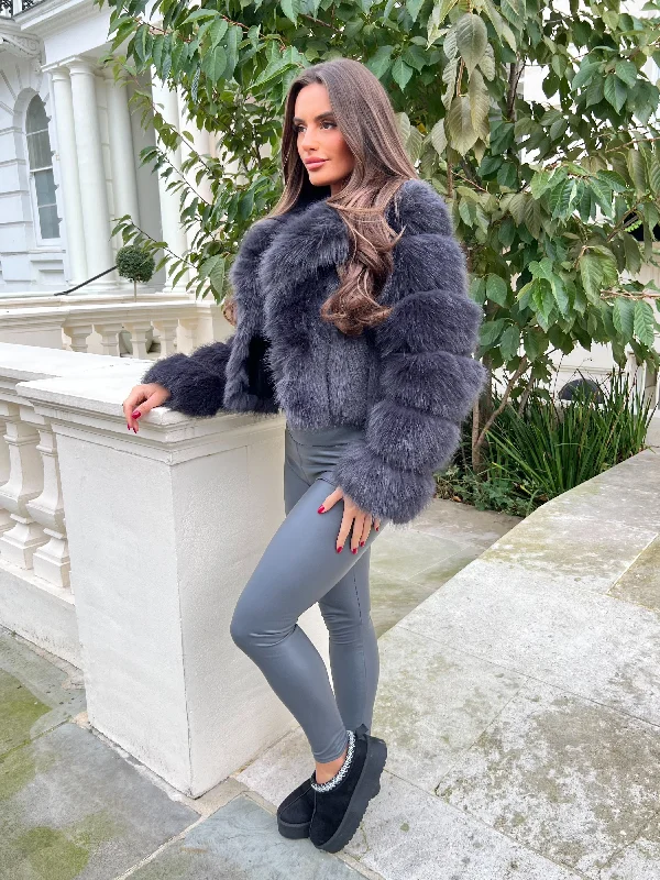 Breathable Design Charcoal Premium Faux Fur Collared Jacket