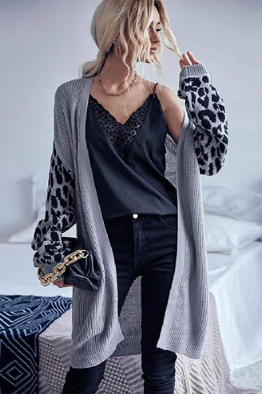 Street Sports Style Leopard Sleeves Waffle Knit Open Front Cardigan