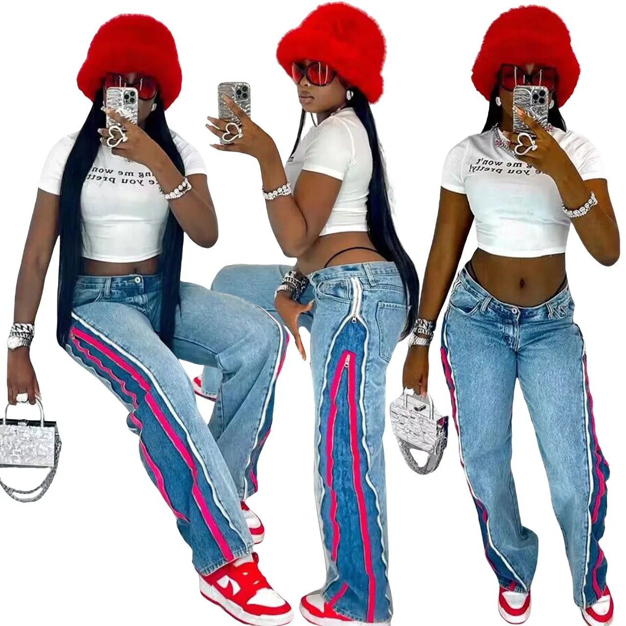 Customized Version Retro-Inspired Denim Jogger Pants with Zippered Side Stripes
