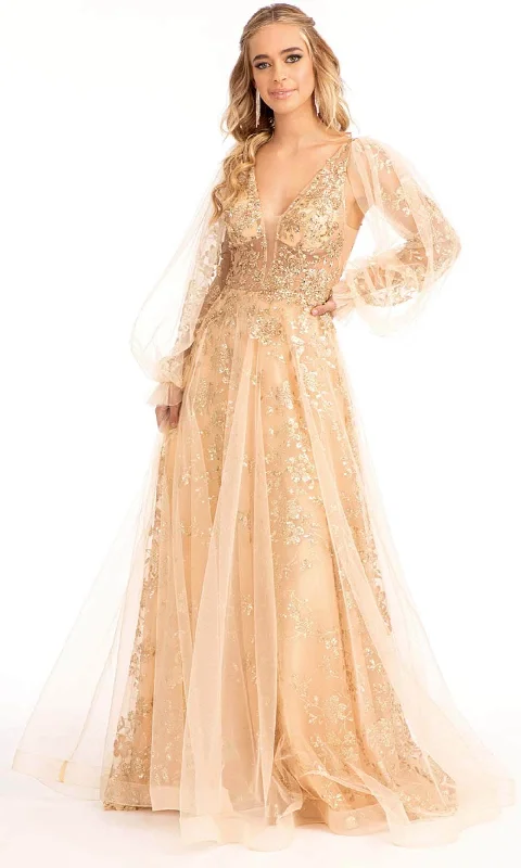 New Season Series GLS by Gloria GL3001 - Long Puffed Sleeves Deep V-neck Evening Gown