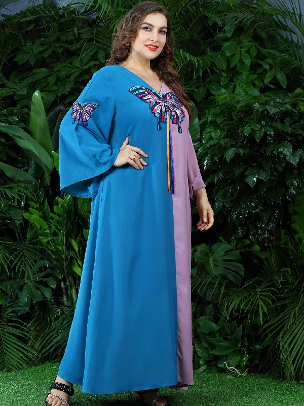 Urban Sense Modest Colorblock Ribbon Long Sleeve V Neck Flared Natural Maxi Plus Size Dress