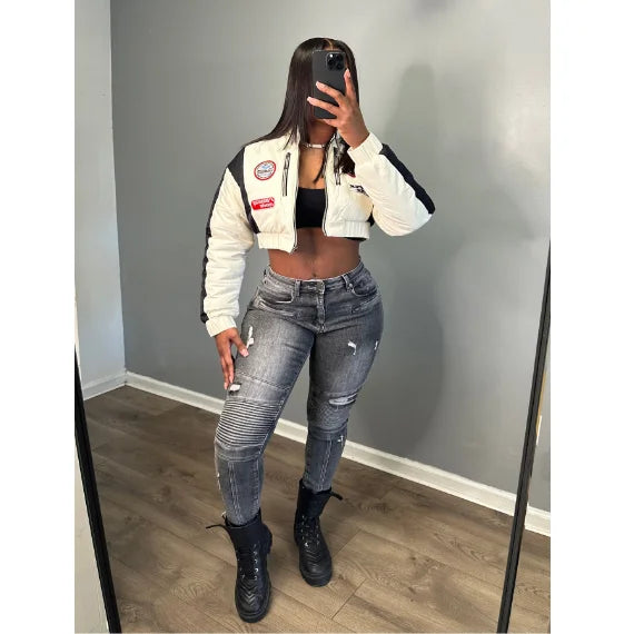 Retro Style Distressed Moto Jeans with a Bold Streetwear Vibe