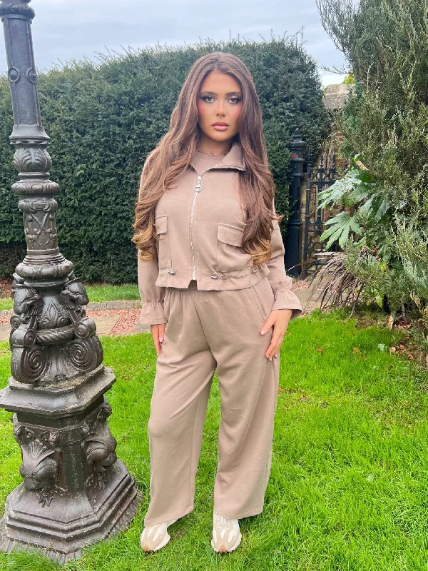 Minimal Classic Taupe Zip Up Frill Hem Jacket