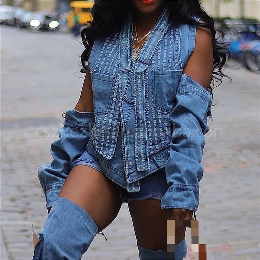 Noble Temperament ZHEZHE Fall Fashion Streetwear Vintage Lady Denim Jacket Washed Denim Jacket Split Sleeve Blue Denim Coat Women Jeans Jacket