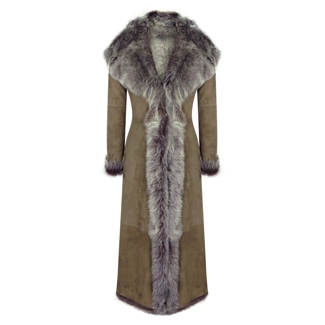 Printed Patterns Women's Suede Toscana Full Length Hooded Taupe Sheepskin Trench Coat