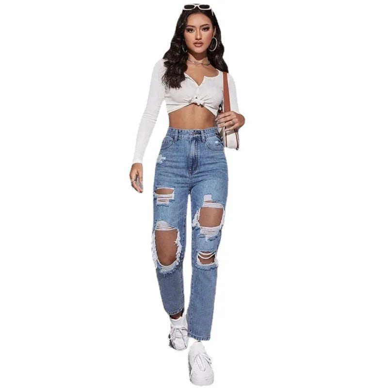 Modern Chic Women's High-Waisted Distressed Ripped Blue Denim Jeans