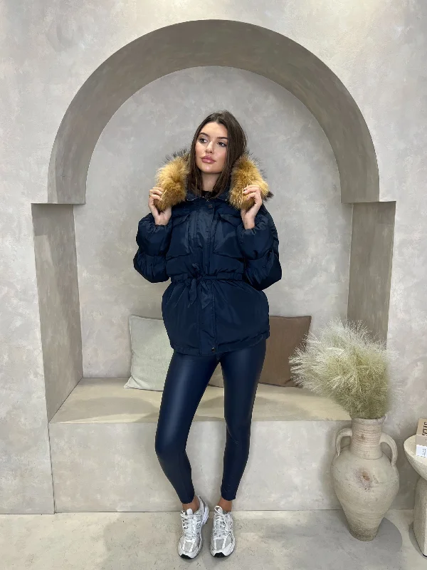 British Fashion Navy/Natural Drawstring Luxury Fur Padded Belted Coat