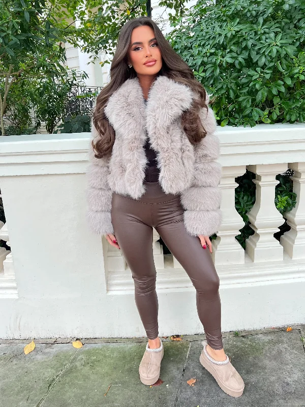 Slim Fit Beige Premium Faux Fur Collared Jacket