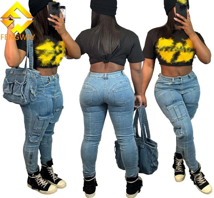 Relaxed Dresses Women's High-Waisted Cargo Pocket Denim Jeans