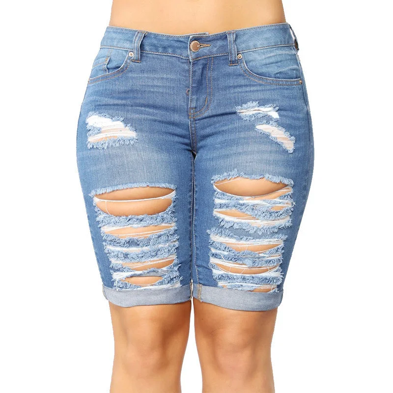 Versatile Comfort Slim Fit Ripped Denim Shorts Wholesale Womens Clothing N3823090500058