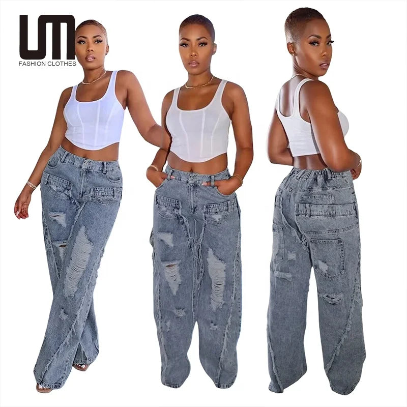 Letter embroidery Oversized Distressed Baggy Jeans