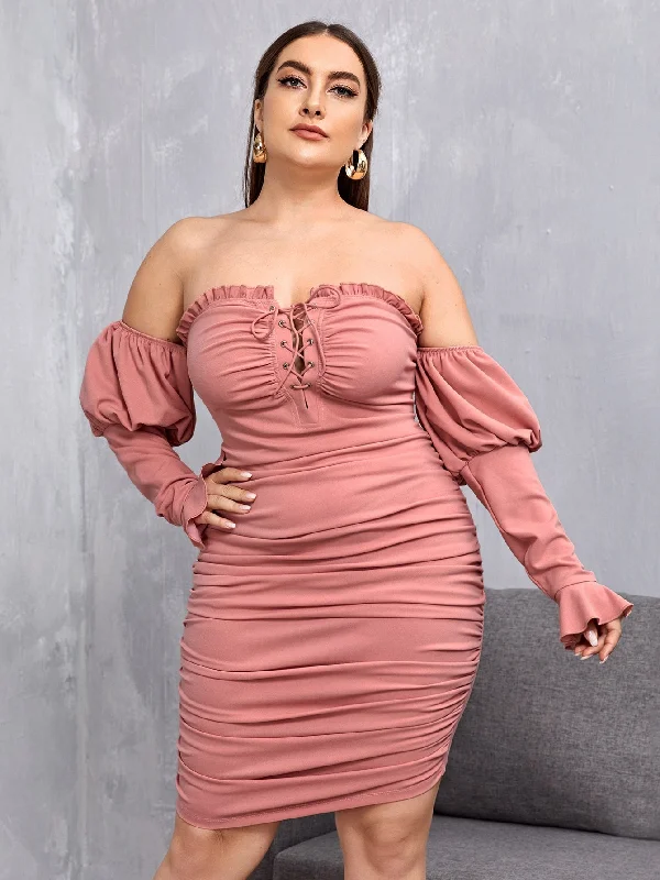 Celebrity Must-have Glamorous Plain Ruched Bust Long Sleeve Off The Shoulder Pencil Natural Short Plus Size Dress
