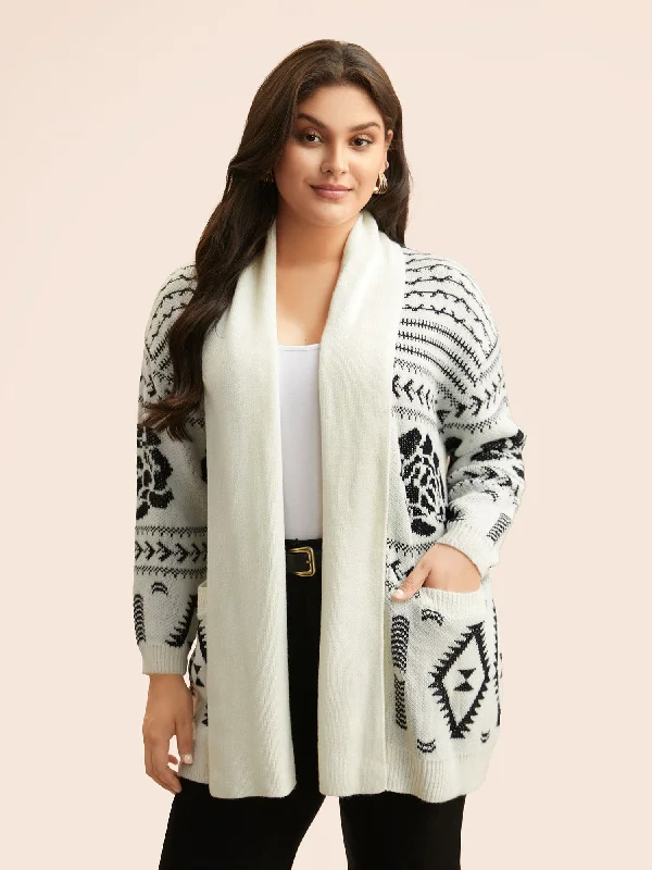 Soft Looks Geometric Jacquard Lapel Collar Cardigan