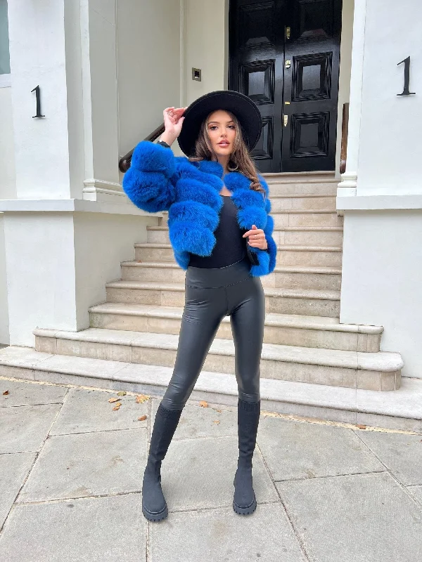 Practical Style Royal Blue Luxury Fur 5 Row Cropped Sleeve Jacket