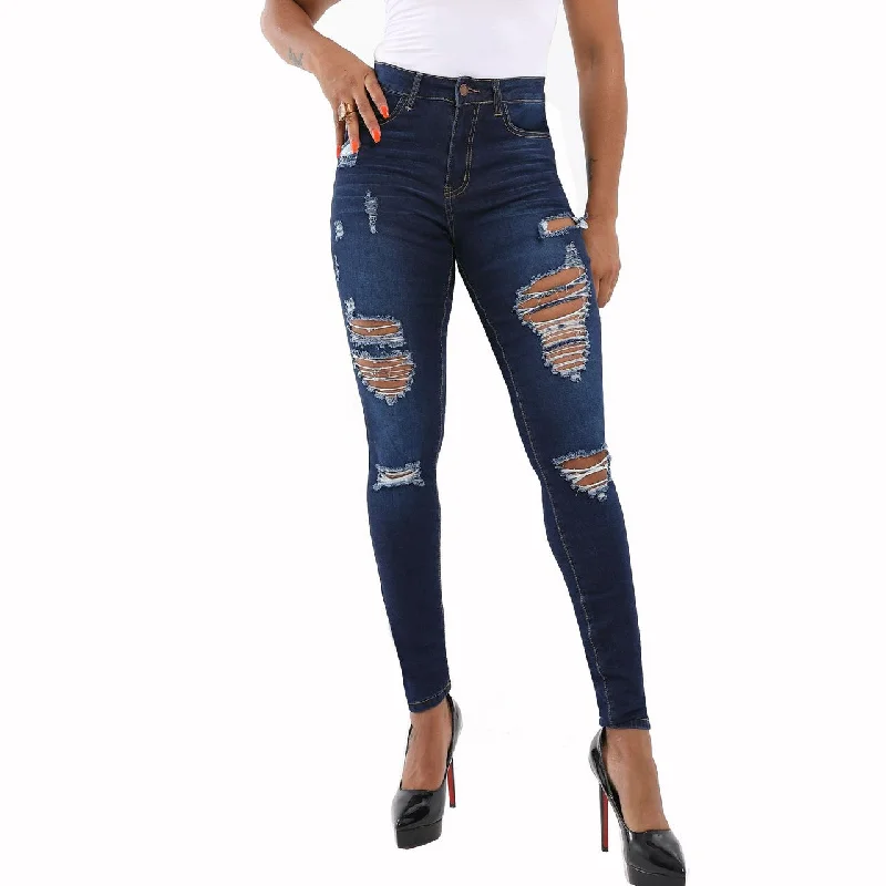 Retro Stripes Skinny Hip-Hugging Ripped Jeans Wholesale Womens Clothing
