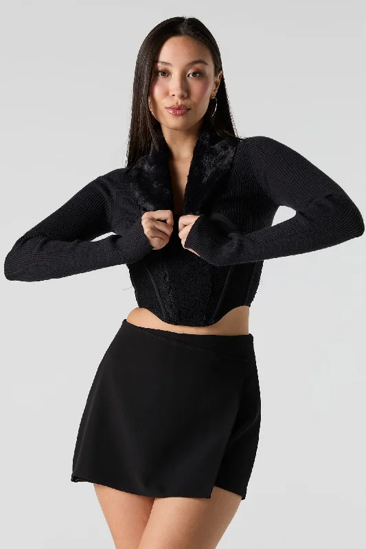 Faux Fur Collared Ribbed Knit Bolero