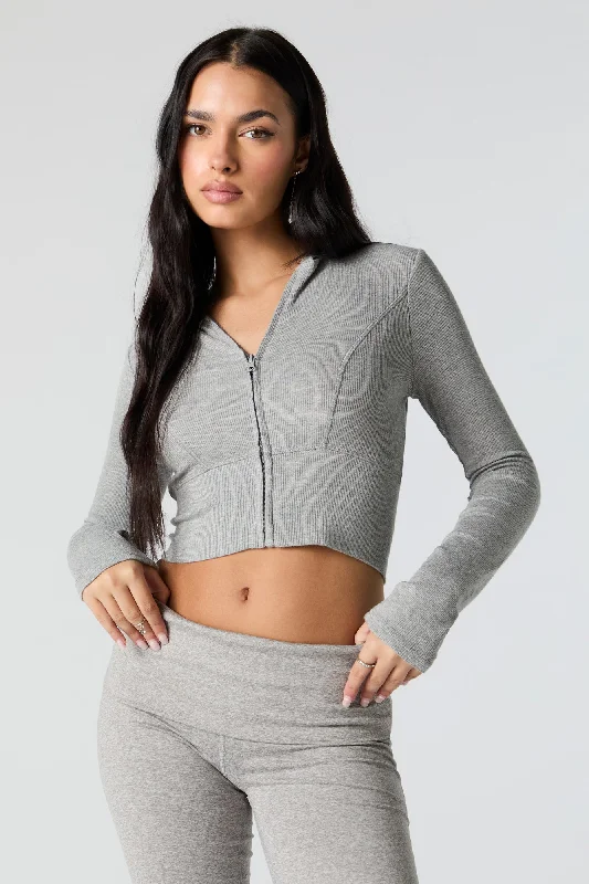 Ribbed Zip-Up Cropped Hoodie