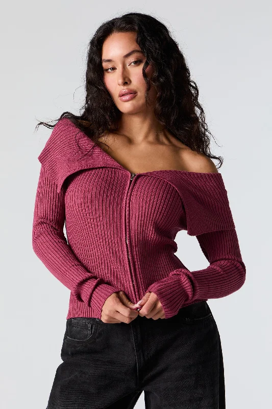 Ribbed Knit Zip-Up Off Shoulder Sweater