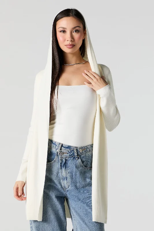 Ribbed Hooded Open Front Cardigan