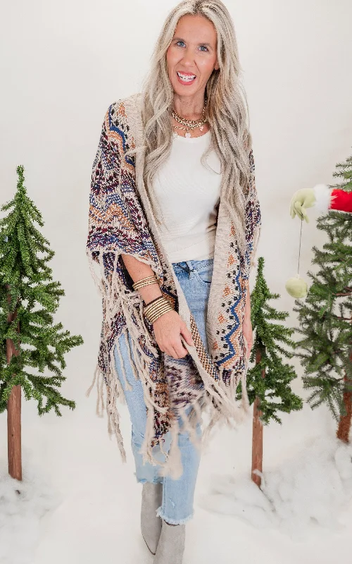 Easy Style Beige Wavy Knitted Kimono w/ Fringe