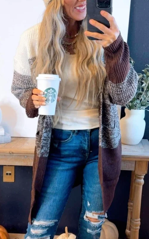 Stylish Ease Brown Faded Colorblock Cardigan