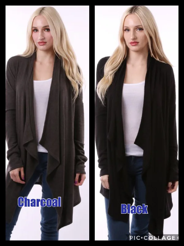 Fashionable and versatile BRUSHED CASHMERE OPEN CARDIGAN - Black or Charcoal