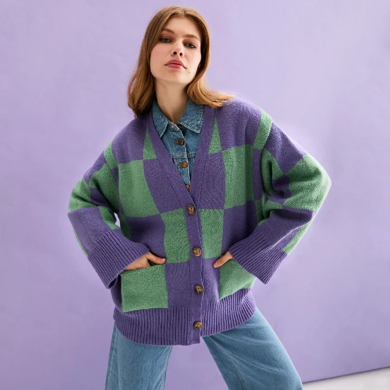 Sports litigation style Candice Checked Cardigan with Wide Sleeves - Purple & Green