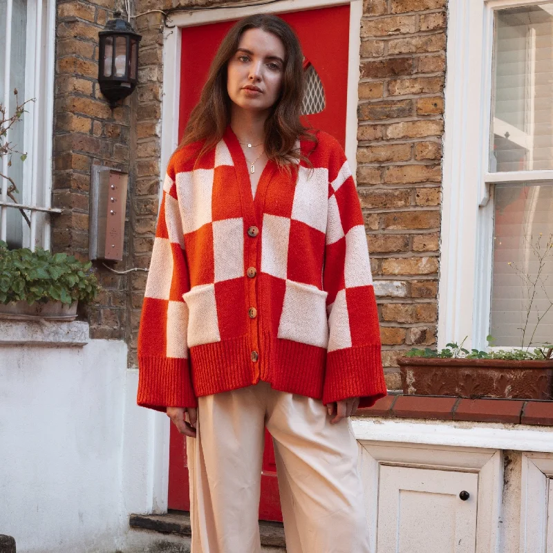 Sports Jumpsuit Candice Checked Wide Sleeve Cardigan - Red & White