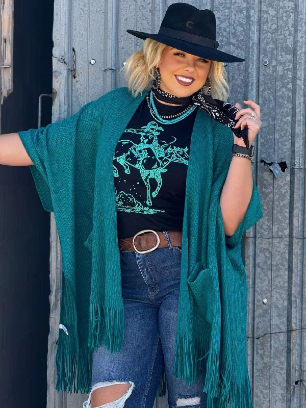 Casual Chic Wear Charlie Teal Knit Fringe Kimono by Texas True Threads