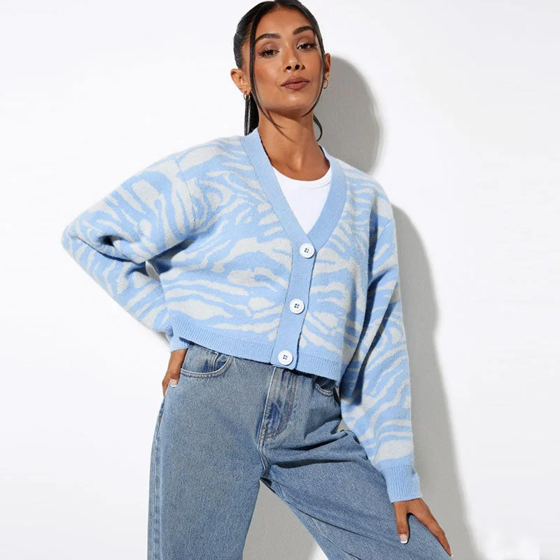 Cozy Fit Chic Blue Zebra Print V Neck Drop Shoulder Long Sleeve Cropped Knit Cardigan
