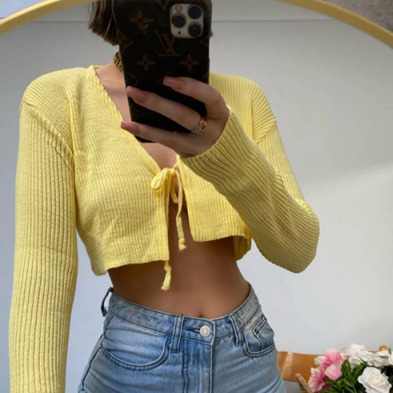 Soft Fashion Chic Solid Color V Neck Long Sleeve Ribbed Knit Tie Front Crop Cardigan