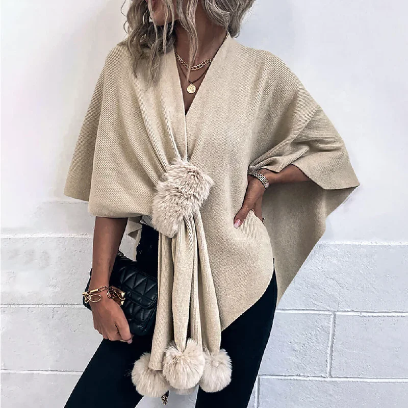 Comfortable Looks Classy Faux Fur Pom Pom Pull Through Crossover Knit Cape Cardigan