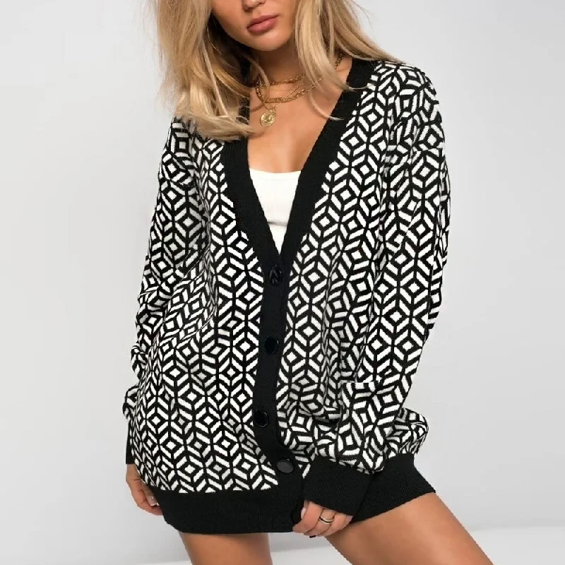 Versatile Comfort Contrast Trim V Neck Black Geometric Jacquard Knit Button Down Cardigan