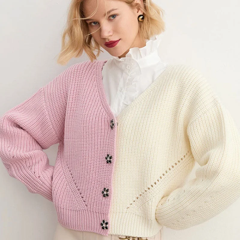 Elegant Comfort Cute Contrast Color Button Up Long Sleeve Open Knit Oversized Cardigan