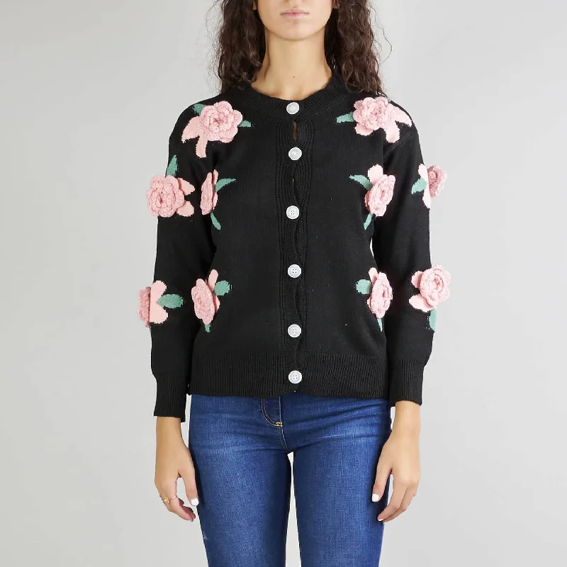 Soft Wear Cute Black Crew Neck Drop Shoulder Button Up Floral Jacquard Knit Cardigan