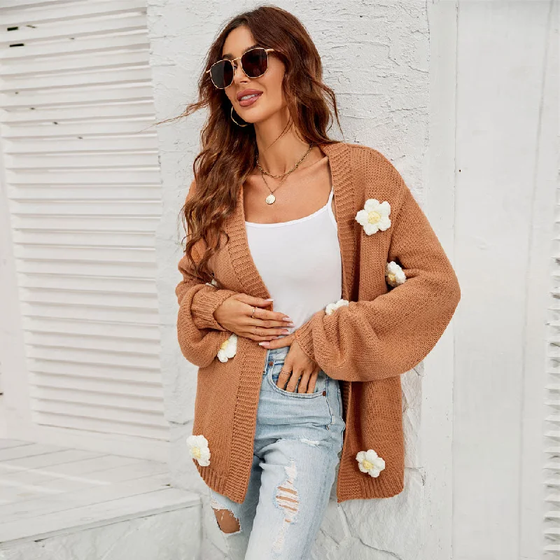 Layered Comfort Cute Floral Appliqué Long Sleeve Open Front Camel Knit Cardigan