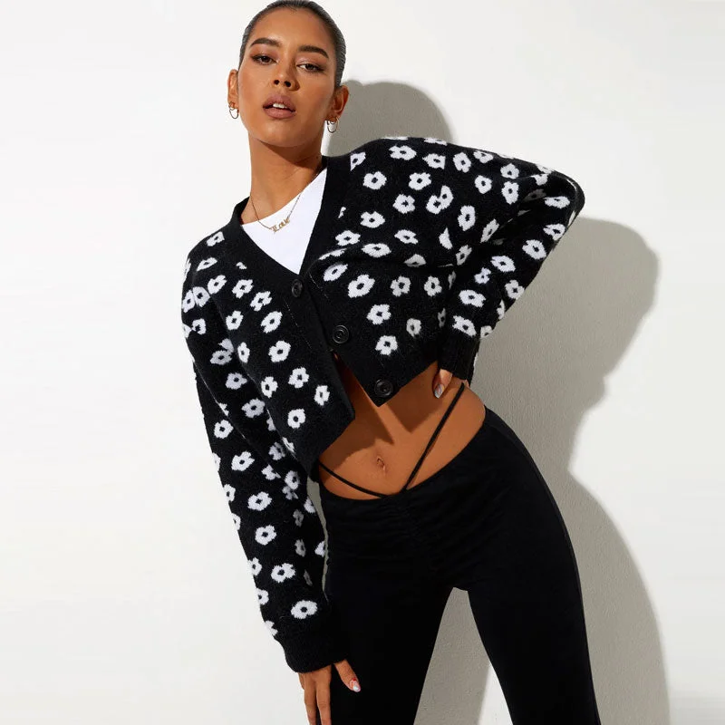 Smart Comfort Cute Floral Print V Neck Drop Shoulder Long Sleeve Cropped Knit Cardigan
