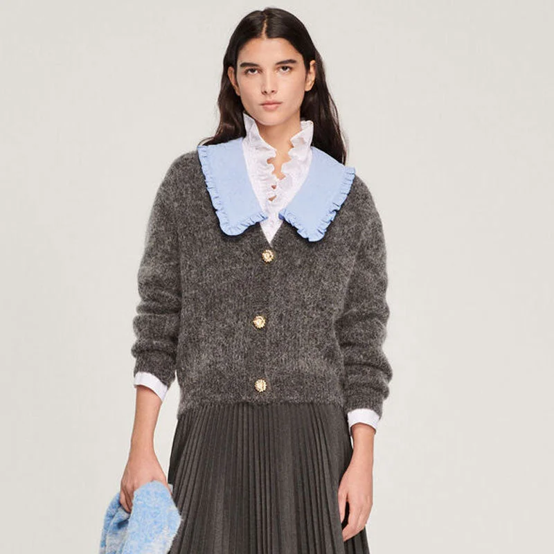 Relaxed Wear Cute Gray Mohair Blend Oversized Collar V Neck Button Up Cardigan