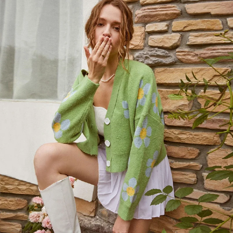 Everyday Style Cute V Neck Button Front Floral Jacquard Knit Green Cropped Cardigan