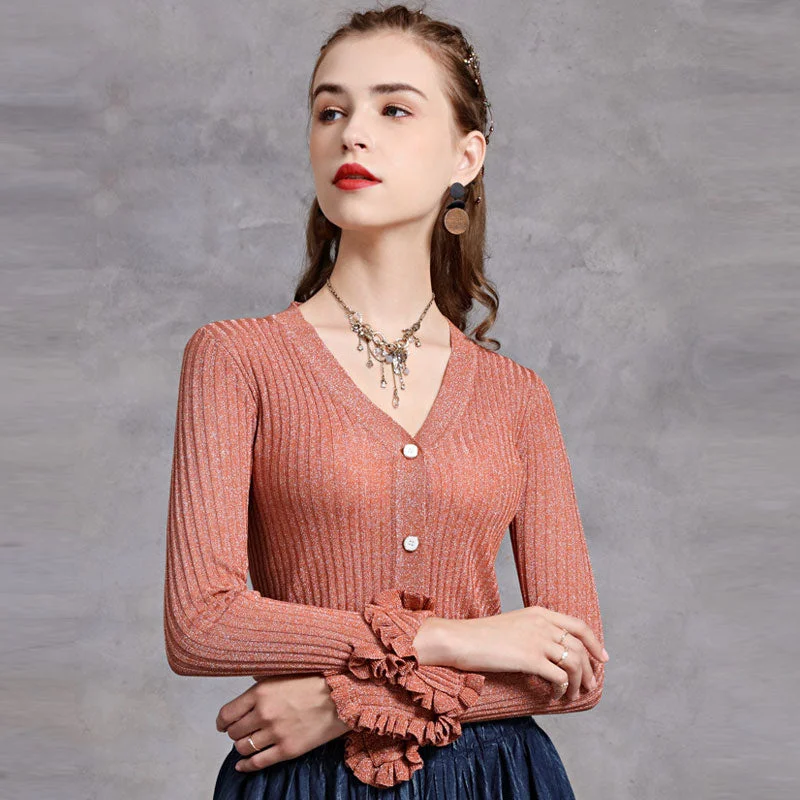 Simple Elegance Elegant Orange Ruffled Trim Long Sleeve V Neck Button Up Rib Knit Cardigan