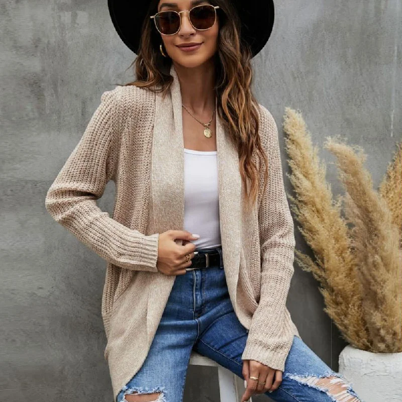 Cozy Dress Elegant Oatmeal Shawl Collar Open Front Marled Knit Cocoon Cardigan