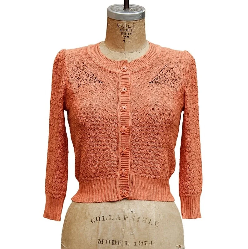 Retro Woolen Jacket Embroidered Orange Knit Sweater Cardigan - Spiderweb Rockabilly Button Up Sweater #OEC