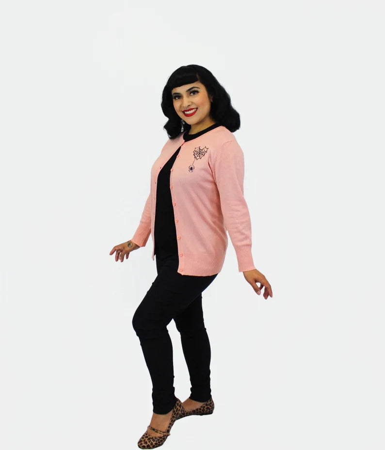 Retro Dress Embroidered Webbed Heart Pink Knit Cardigan #E-WHPC